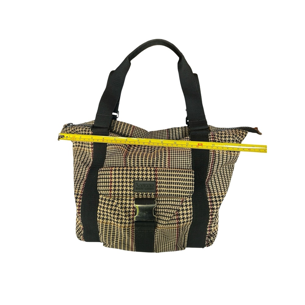 Lauren Ralph Lauren Houndstooth Nylon Tote Bag Tan Black Red Buckle Shoulder Bag - Picture 6 of 9